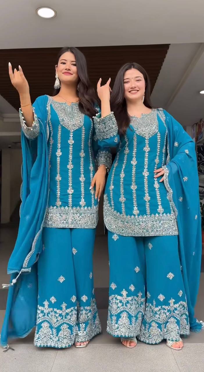 Royal Cerulean Silver-Embroidered Sharara Set
